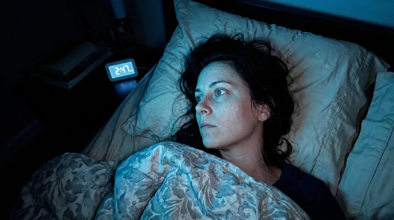 A tight three-quarter shot of a woman lying on her side in the dark — not crying, just awake. One eye visible and wide open, expression flat and depleted but unable to close. The only light is a faint blue-green glow from a baby monitor or a face-down phone spilling across the pillow and her cheek; a clock or the monitor reads 2:47. Rumpled, real bedding. Shot on a phone or graded to look phone-shot, slight grain, no gloss.
