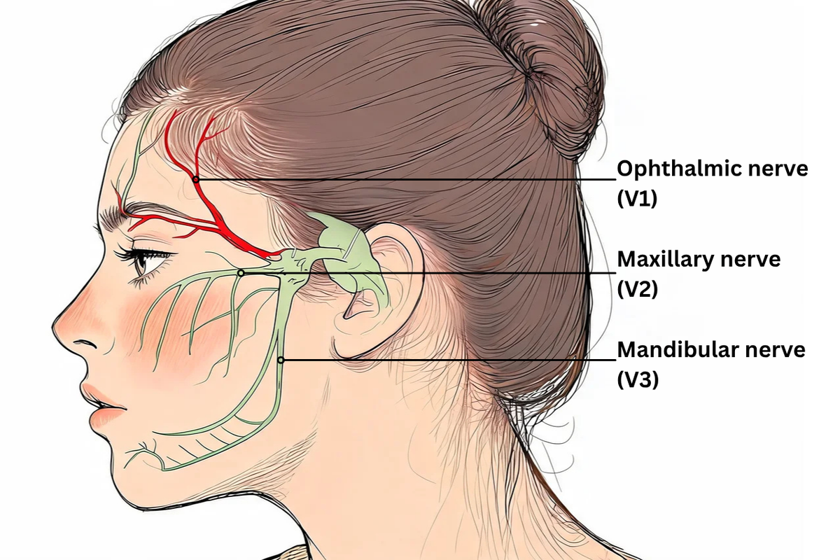 Anatomical diagram of the trigeminal nerve showing the V1 ophthalmic branch