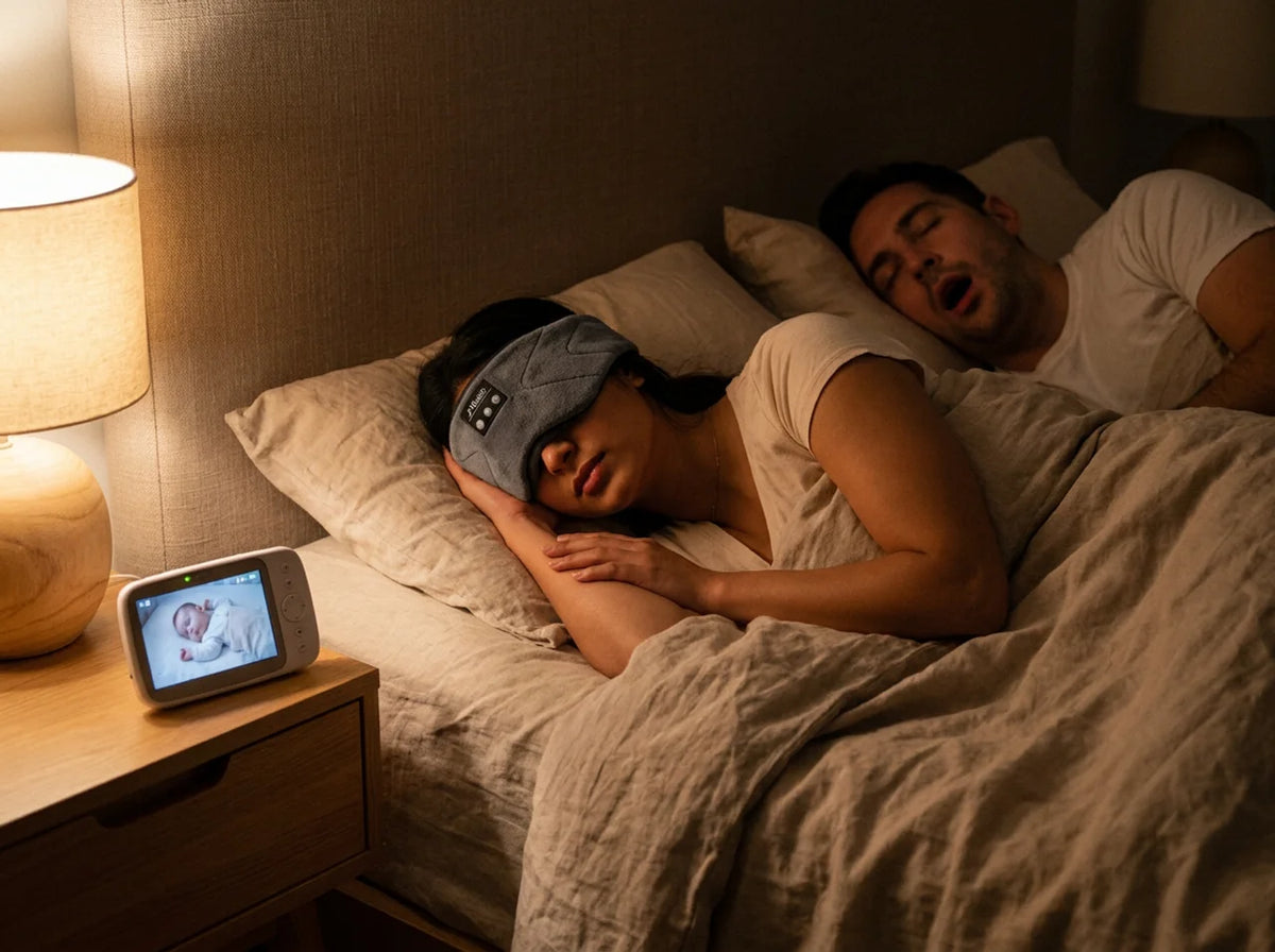 Mother wearing the DreamWave on her side, partner asleep beside her, baby monitor on the nightstand