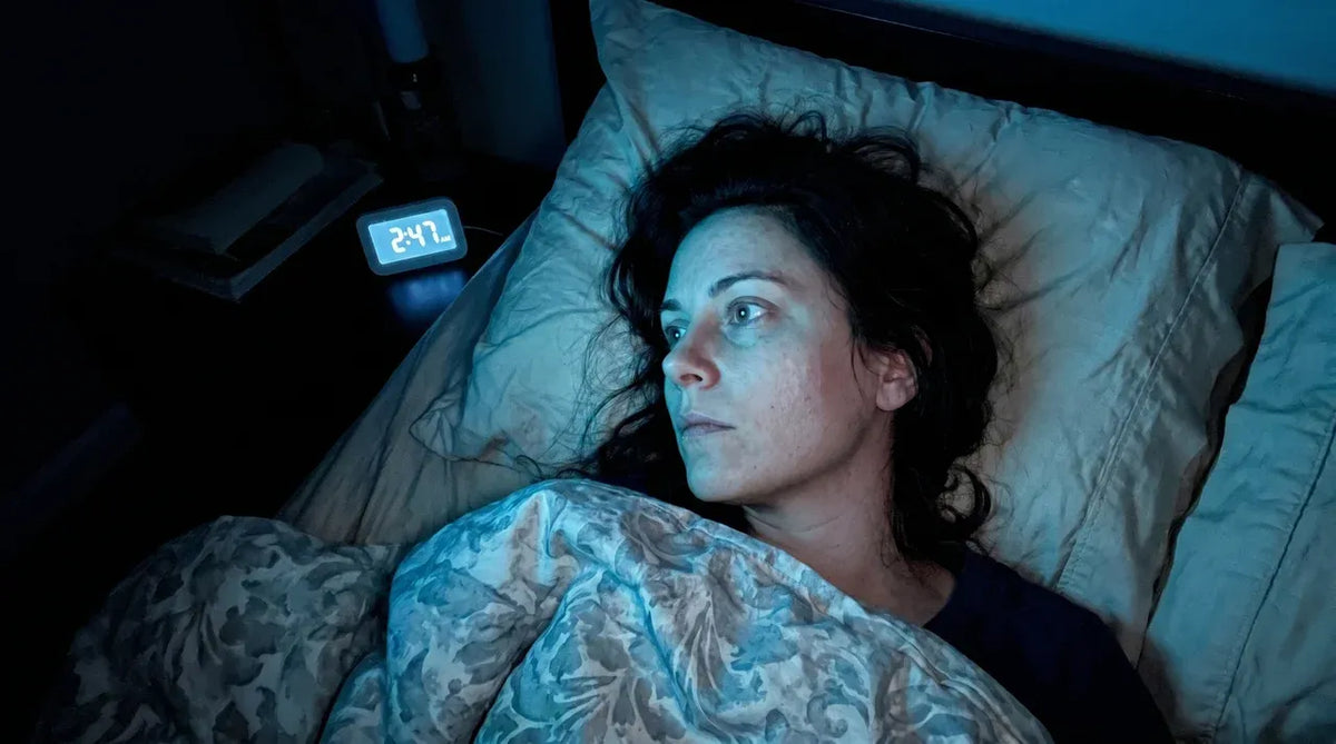 A woman lying awake in the dark, eyes open, in the early hours of the morning